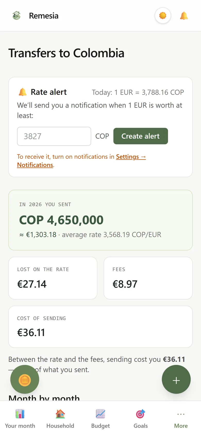 Transfers screen: what you sent this year, what you lost to the exchange rate, the fees and a month-by-month breakdown