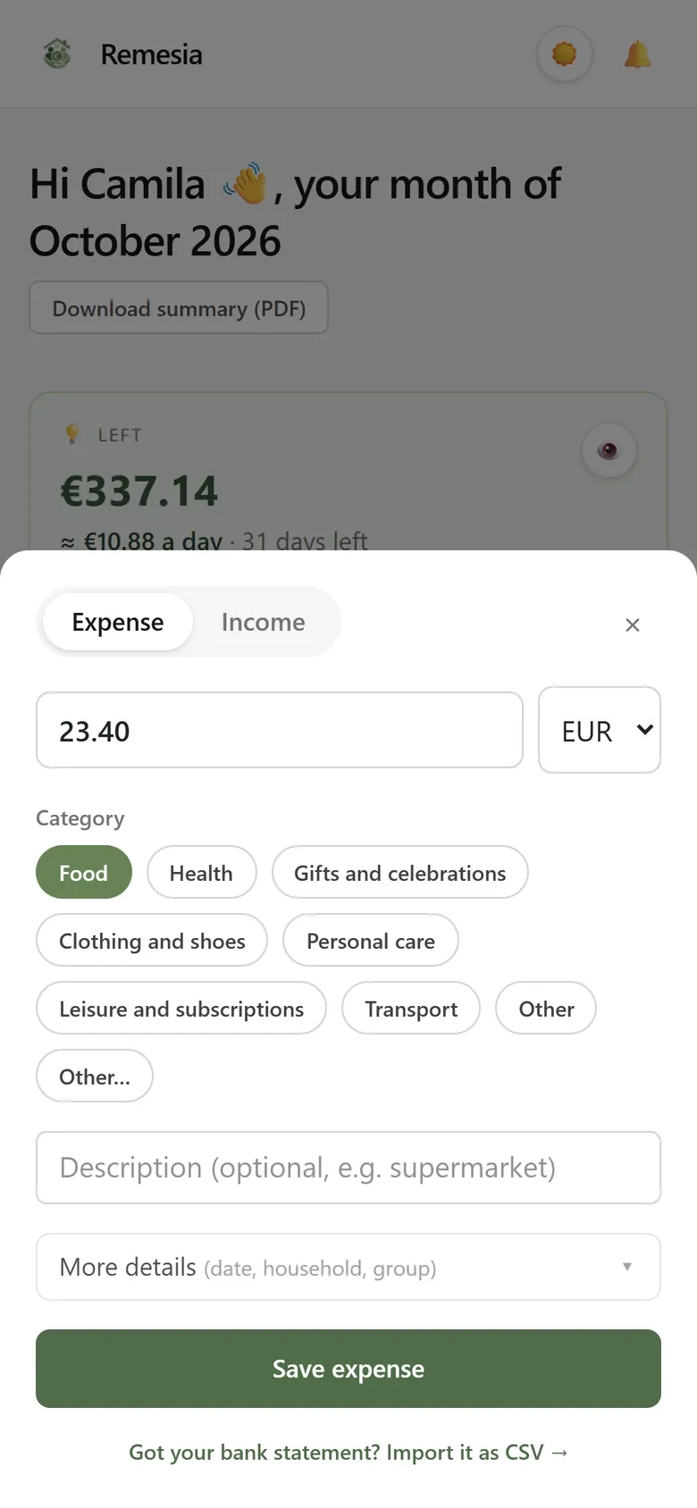 Quick expense sheet: amount, category and optional description