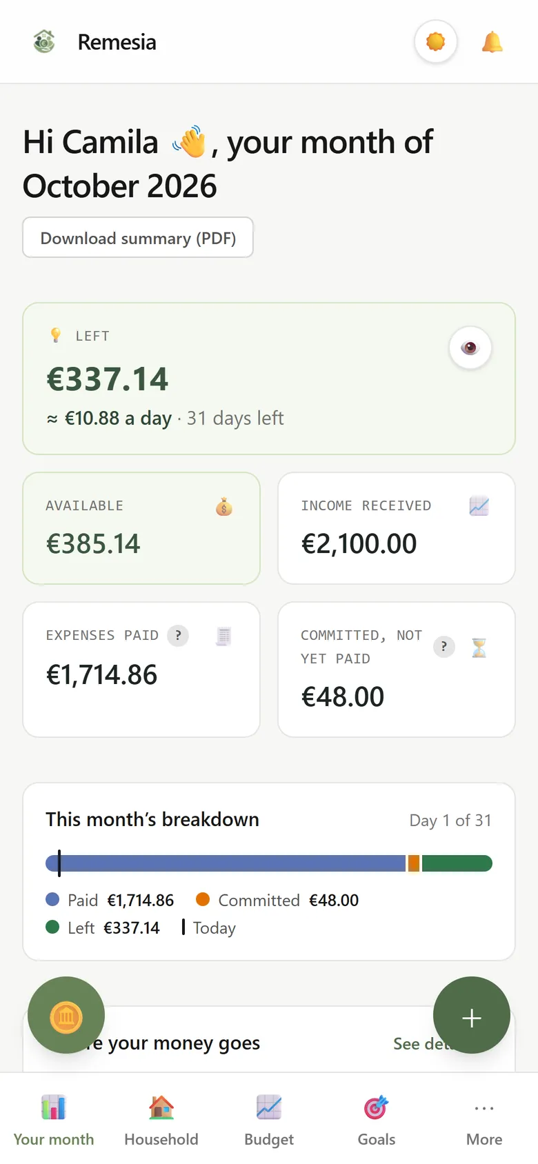 Remesia’s Your month screen: money left, daily spending allowance, income, paid and committed expenses