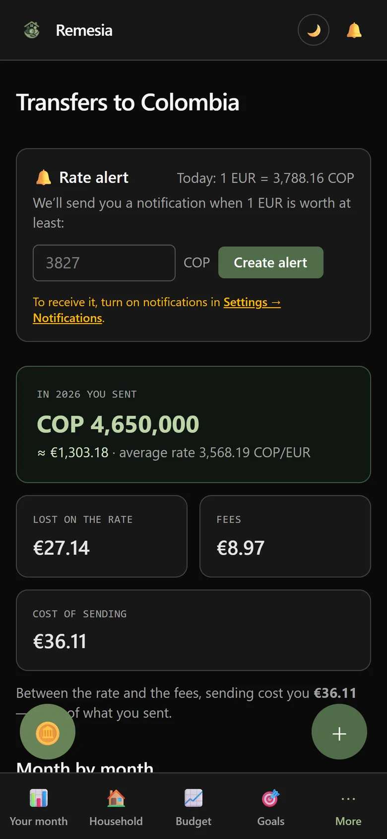 Transfers screen: what you sent this year, what you lost to the exchange rate, the fees and a month-by-month breakdown