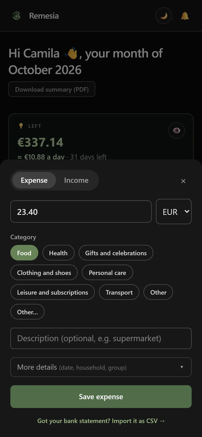 Quick expense sheet: amount, category and optional description
