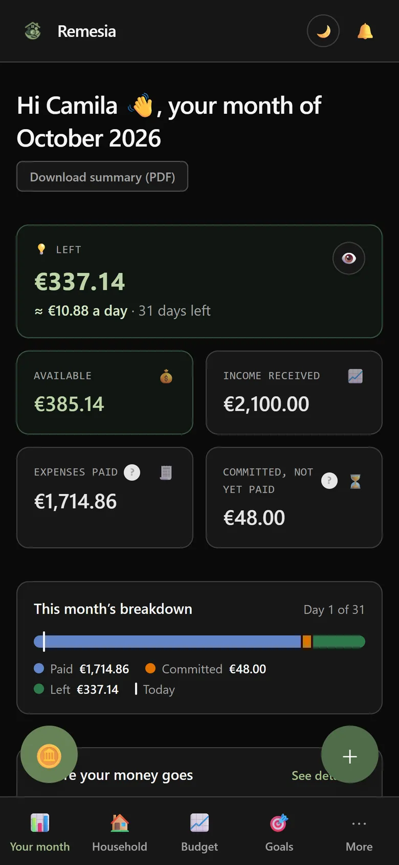 Remesia’s Your month screen: money left, daily spending allowance, income, paid and committed expenses