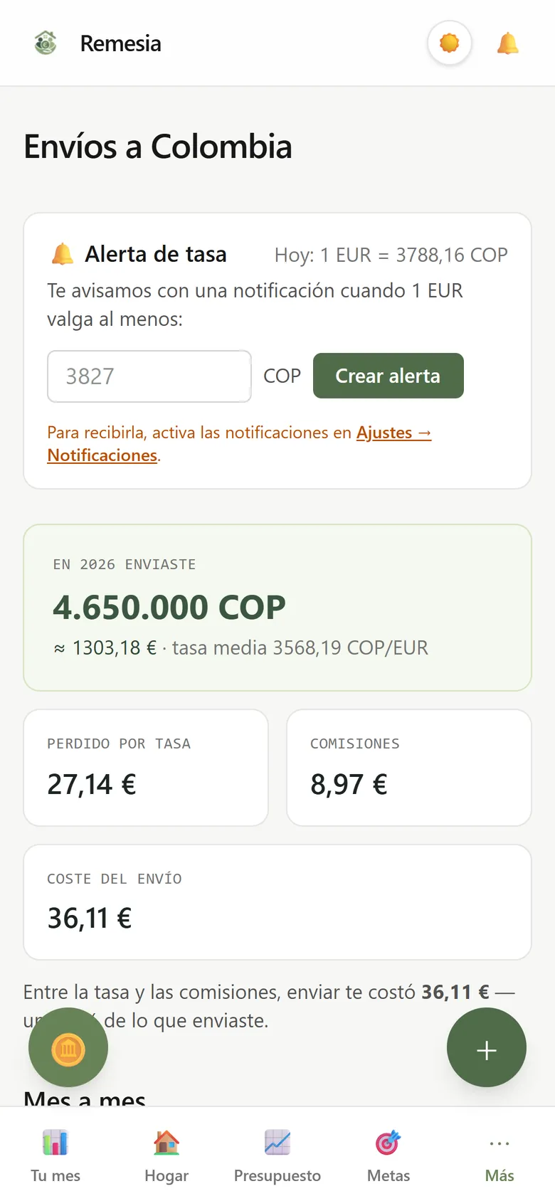 Pantalla Envíos a Colombia: lo enviado en el año, lo perdido por la tasa, las comisiones y el detalle mes a mes