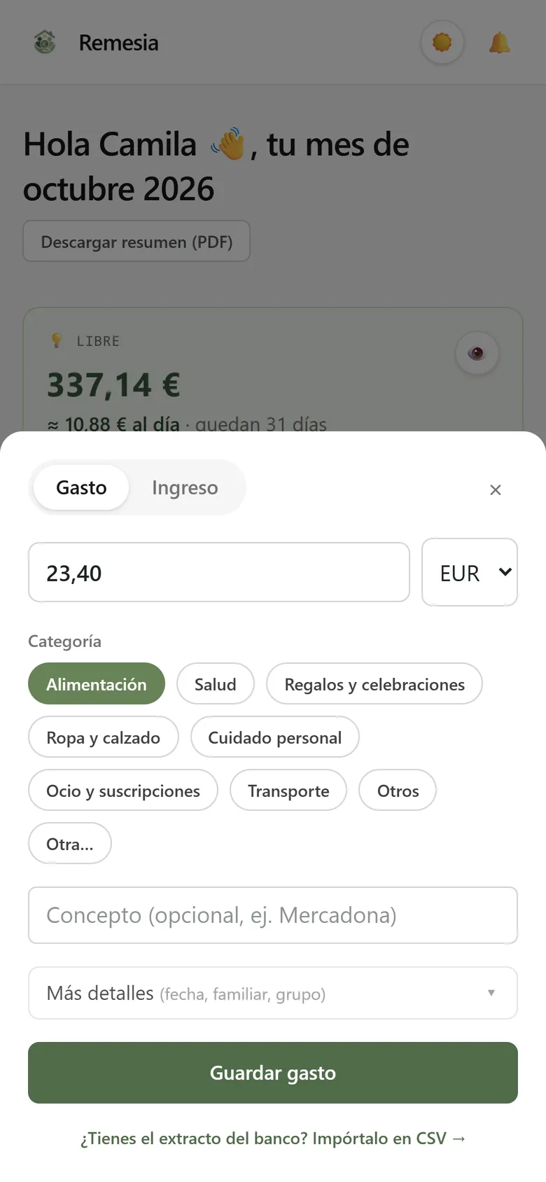 Hoja para registrar un gasto rápido: monto, categoría y concepto opcional