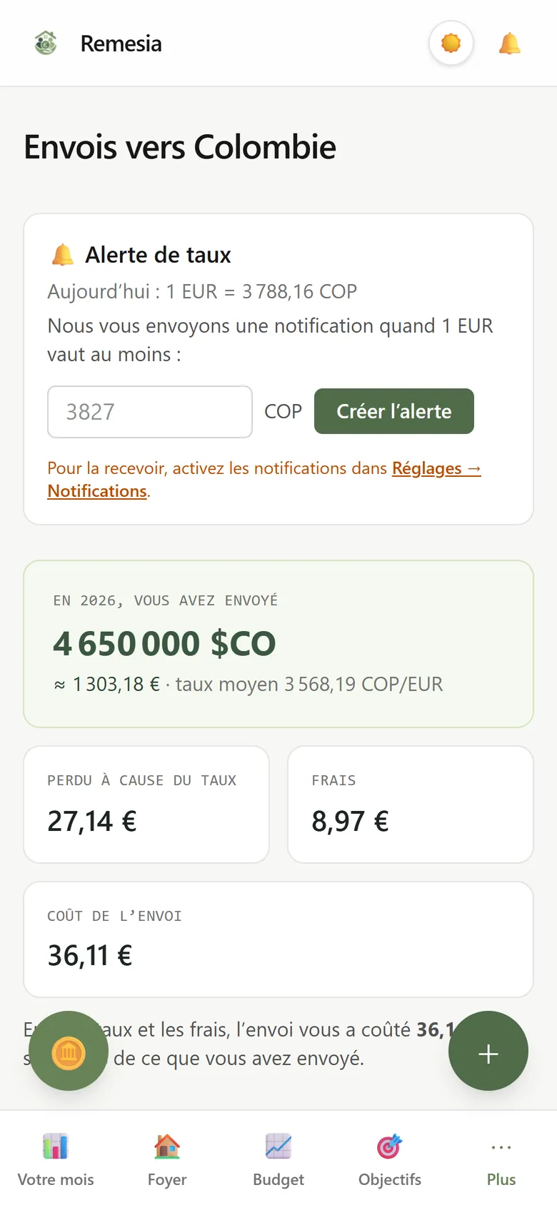 Écran Envois : ce que vous avez envoyé dans l’année, la perte due au taux, les frais et le détail mois par mois