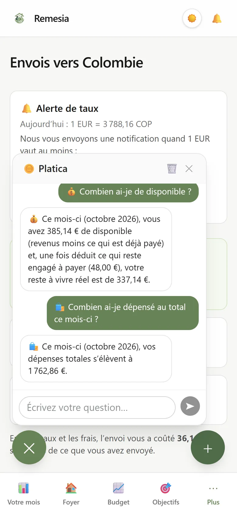 Platica indiquant combien d’argent restait et combien a été dépensé