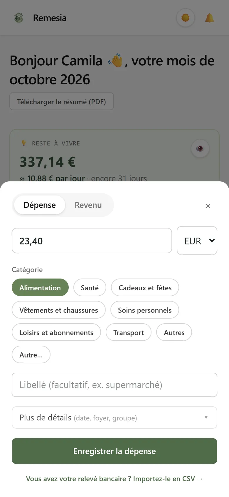 Fiche de saisie rapide d’une dépense : montant, catégorie et libellé facultatif