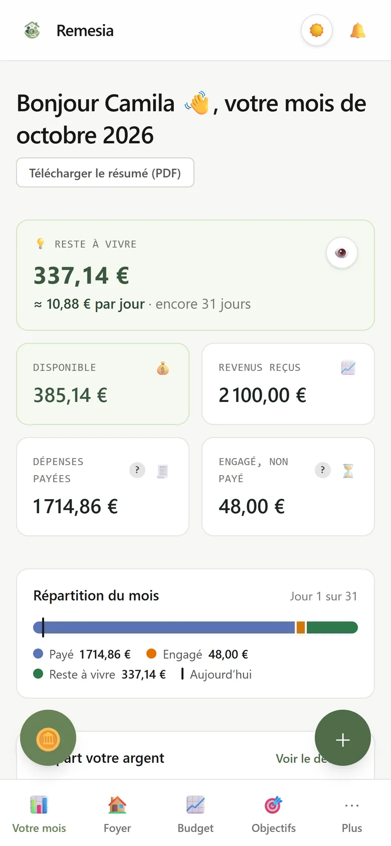 Écran « Votre mois » de Remesia : argent disponible, budget par jour, revenus, dépenses payées et engagées