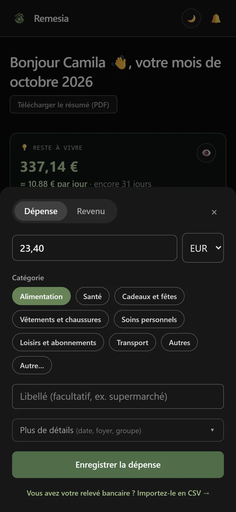 Fiche de saisie rapide d’une dépense : montant, catégorie et libellé facultatif