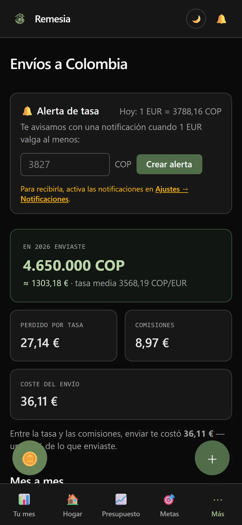 Pantalla Envíos a Colombia: lo enviado en el año, lo perdido por la tasa, las comisiones y el detalle mes a mes
