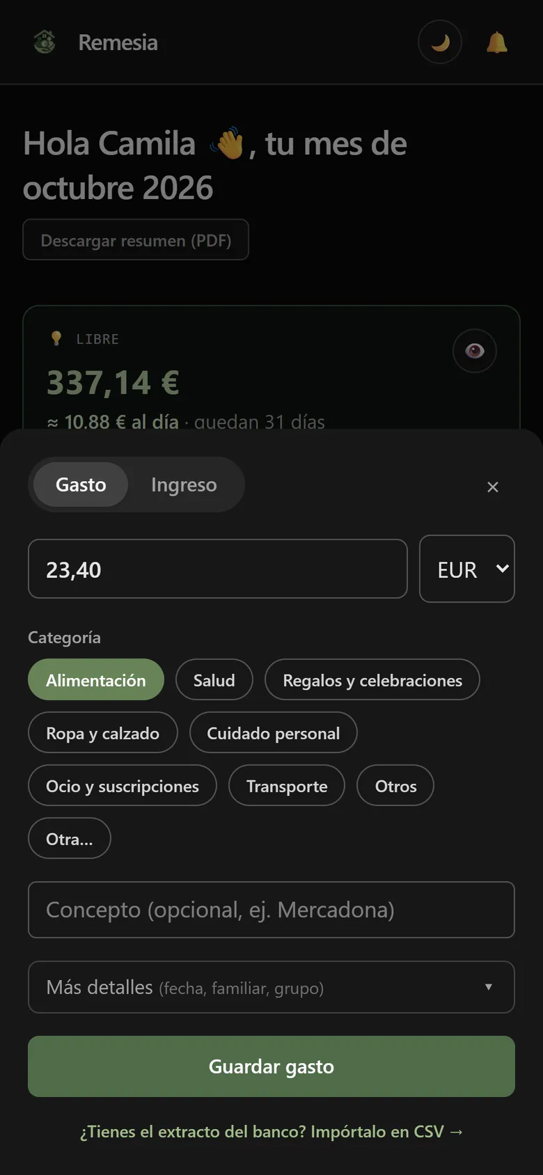 Hoja para registrar un gasto rápido: monto, categoría y concepto opcional