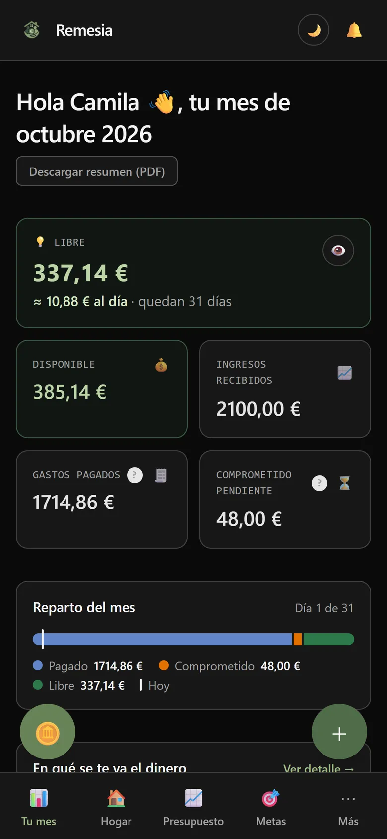 Pantalla Tu mes de Remesia: dinero libre, cuánto gastar al día, ingresos, gastos pagados y comprometidos