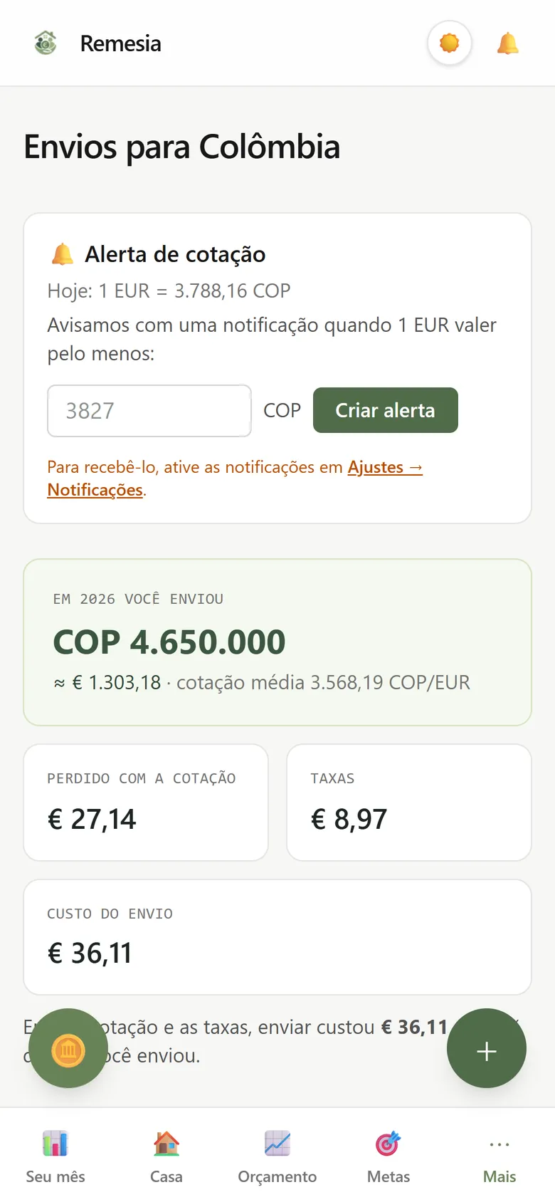 Tela Envios: o que você enviou no ano, o que perdeu com a cotação, as taxas e o detalhe mês a mês