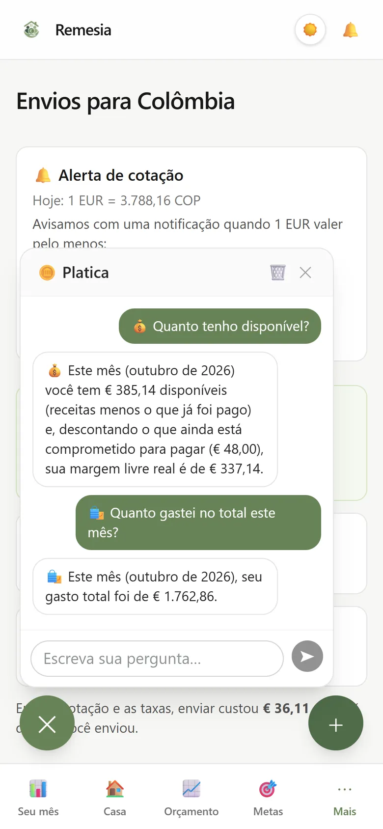 Platica respondendo quanto dinheiro sobrou e quanto foi gasto