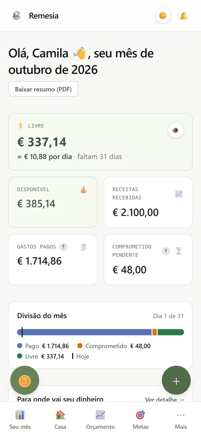 Tela Seu mês do Remesia: dinheiro livre, quanto gastar por dia, receitas, gastos pagos e comprometidos