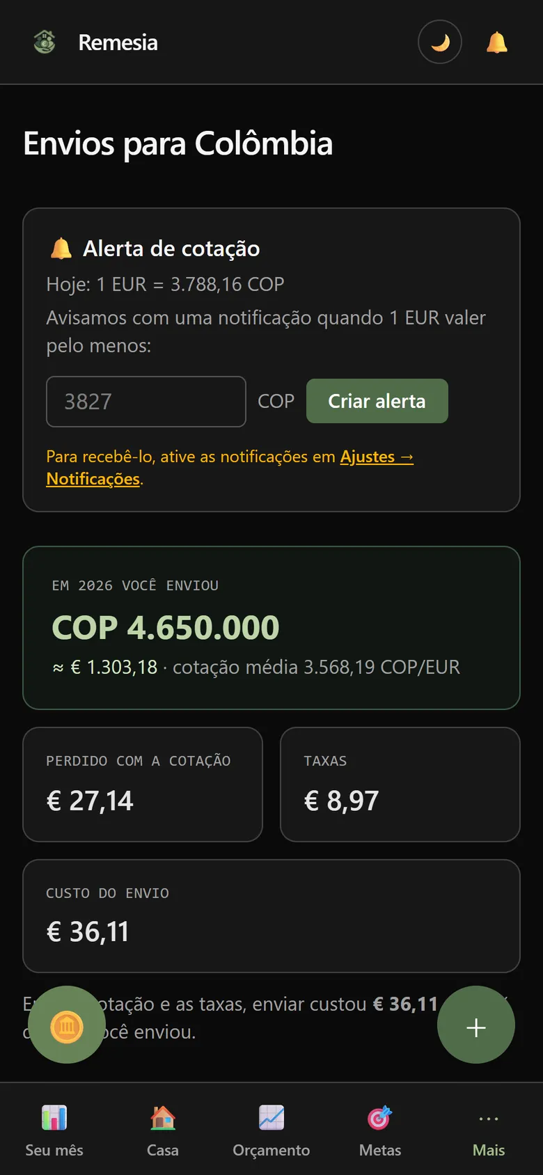 Tela Envios: o que você enviou no ano, o que perdeu com a cotação, as taxas e o detalhe mês a mês