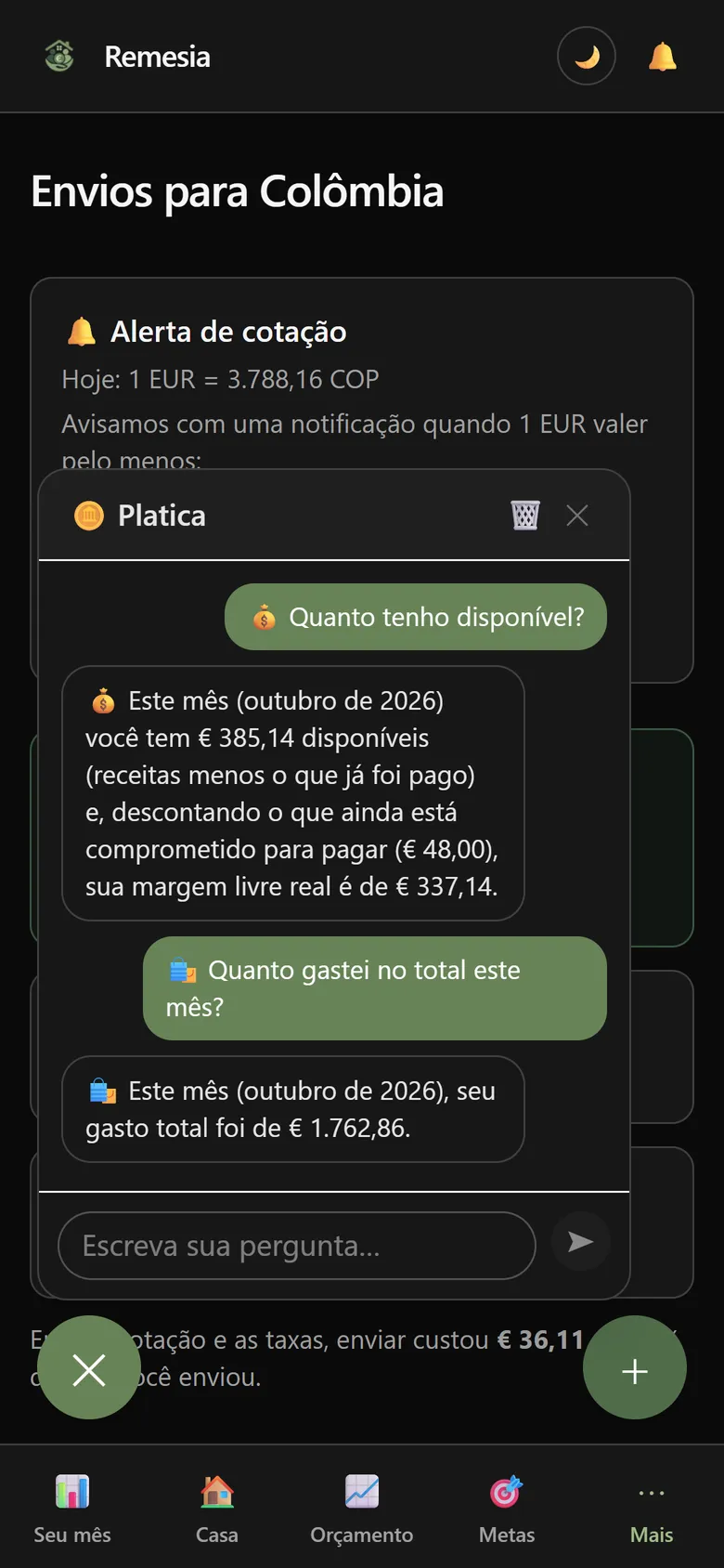 Platica respondendo quanto dinheiro sobrou e quanto foi gasto